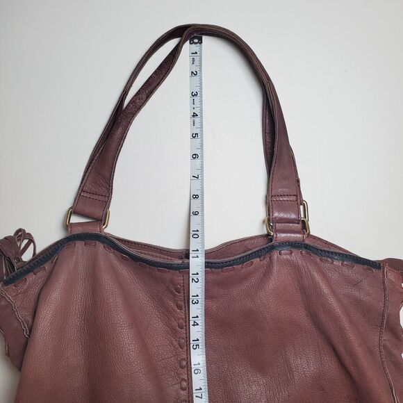 Free People Women’s Large Brown Leather Tote Bag Boho Distressed Weekender - Picture 14 of 15